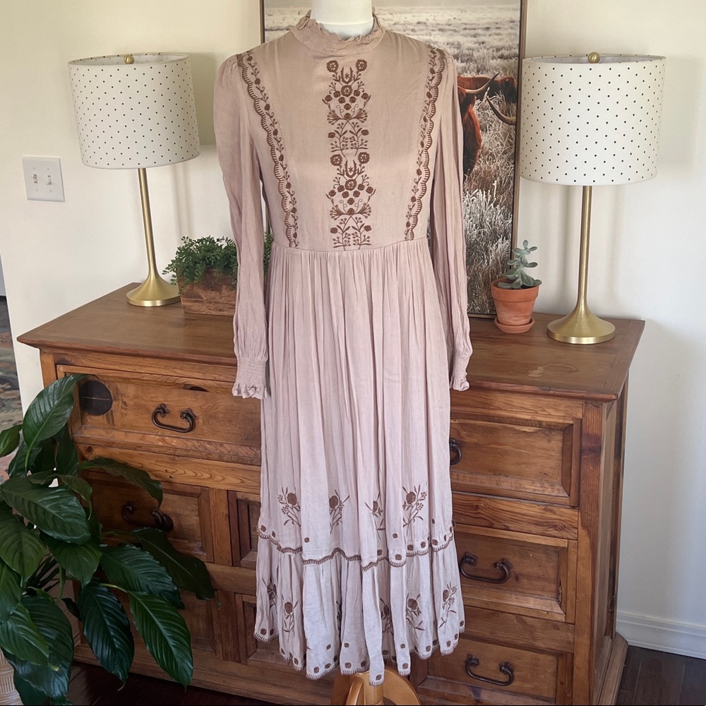 Roolee In Loom Tan Embroidered Boho Peasant Midi Dress M L - Picture 14 of 14